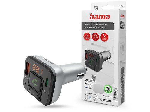 HAMA Bluetooth FM-transmitter / szivargyújtó töltő - USB +Type-C + MP3 +        kártyaolvasó + PD + QC 3.0 - ezüst/fekete