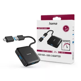   HAMA USB-A / Type-C elosztó HUB 4x USB-A bemenettel - HAMA HUB + USB-C Adapter -fekete