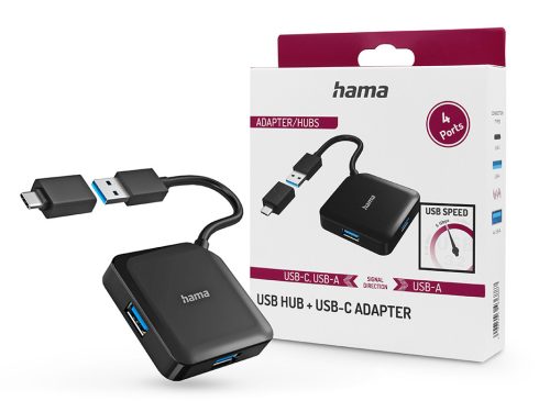 HAMA USB-A / Type-C elosztó HUB 4x USB-A bemenettel - HAMA HUB + USB-C Adapter -fekete