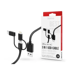   HAMA USB-A - micro USB / Type-C / Lightning adat- és töltőkábel 1,5 m-es        vezetékkel - HAMA 3in1 USB-Cable - fekete