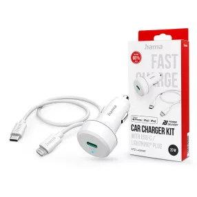   HAMA szivargyújtó töltő adapter Type-C bemenettel + Type-C - Lightning kábel -  20W - HAMA Charger Kit with USB-C - Lightning Plug - fehér