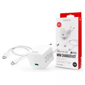   HAMA hálózati töltő adapter Type-C bemenettel + Type-C - Lightning kábel - 20W -HAMA Mini Charger Kit - fehér