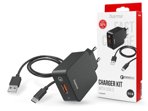 HAMA hálózati töltő adapter USB bemenettel + USB - Type-C kábel - 19.5W - HAMA  Charger Kit with USB-C QC3.0 - fekete