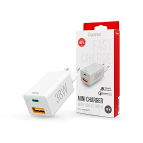  HAMA hálózati töltő adapter Type-C + USB bemenettel - 38W - HAMA Mini Fast      Charge PD3.0 + QC3.0 - fehér
