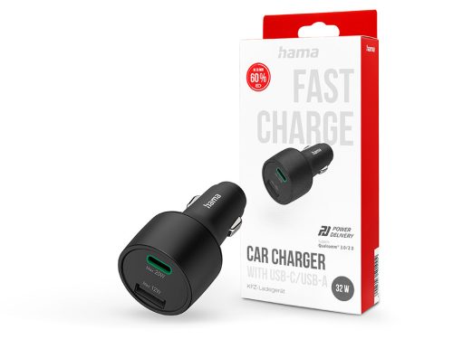 HAMA szivargyújtó töltő adapter USB + Type-C bemenettel - 32W - HAMA Charger Kitwith USB-C/USB-A PD3.0 + QC3.0 - fekete