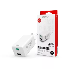   HAMA hálózati töltő adapter Type-C + USB bemenettel - 32W - HAMA Mini Fast      Charge PD3.0 + QC3.0 - fehér