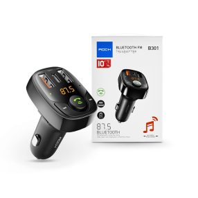   Rock Bluetooth FM-transmitter / szivargyújtó töltő - 2xUSB + MP3 + TF-kártyaolvasó + Type-C + PD/QC3.0 - Rock B301 - fekete