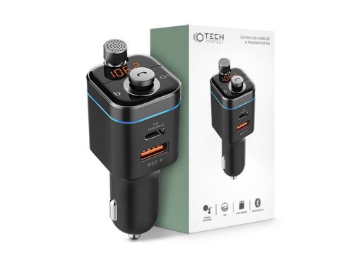 Bluetooth FM-transmitter / szivargyújtó töltő - USB +Type-C + MP3 + TF/microSD  kártyaolvasó + QC3.0 - C72 Pro Car Charger FM-Transmitter - fekete