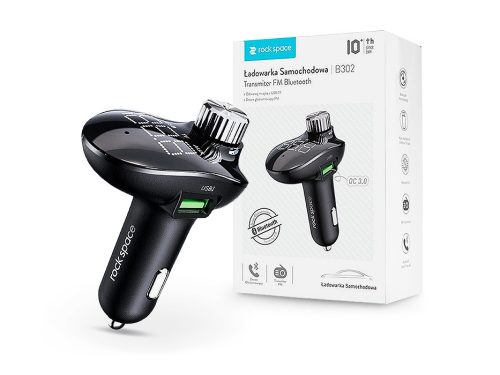 Rock Bluetooth FM-transmitter / szivargyújtó töltő - 2xUSB + MP3 +              TF-kártyaolvasó + AUX + PD/QC3.0 - Rock B302 - fekete