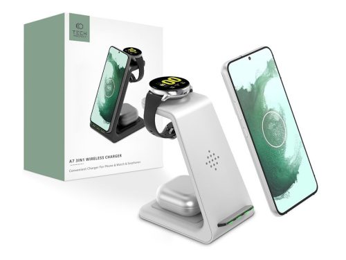 Tech-Protect Qi univerzális vezeték nélküli töltő állomás - Tech-Protect A7     3in1Wireless Charger for Phone + Samsung Galaxy Watch + Earphone - fehér