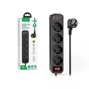   HOCO hálózati elosztó 4 kimenetes tápelosztó aljzattal, 20W Type-C PD3.0 és 18W 2xUSB-A QC3.0 gyorstöltő kimenettel - fekete