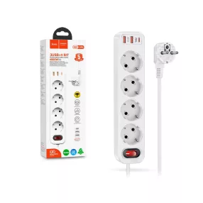   HOCO hálózati elosztó 4 kimenetes tápelosztó aljzattal, 20W Type-C PD3.0 és 18W 2xUSB-A QC3.0 gyorstöltő kimenettel - fehér
