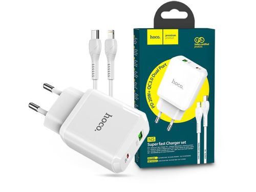 HOCO hálózati töltő adapter Type-C + USB bemenettel + Type-C - Lightning kábel -20W - HOCO N5 Super Fast Charger PD3.0 + QC3.0 - fehér