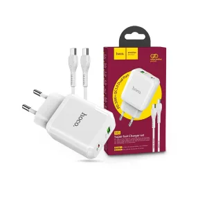   HOCO hálózati töltő adapter Type-C + USB bemenettel + Type-C - Type-C kábel -   20W - HOCO N5 Super Fast Charger PD3.0 + QC3.0 - fehér