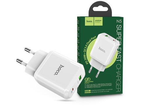 HOCO hálózati töltő adapter Type-C + USB bemenettel - 20W - HOCO N5 Super Fast  Charger PD3.0 + QC3.0 - fehér