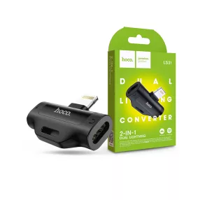   HOCO lightning + lightning adapter egyidőben történő töltéshez és               zenehallgatáshoz - HOCO LS31 2in1 Dual Lightning Converter - fekete