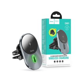   HOCO Qi vezeték nélküli, szellőzőrácsba illeszthető autós tartó/gyorstöltő      MagSafe vezeték nélküli funkcióval rendelkező Apple készülékekhez - HOCO CA91 - fekete