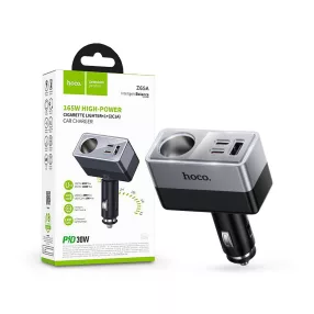   HOCO Z65A 165W/24V PD QC3.0 2xUSB-C+USB-A autós töltő adapter+ autós aljzattal - fekete/ezüst