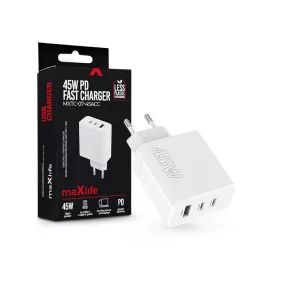   Maxlife MXTC-07-45ACC PD+QC 45W hálózati gyorstöltő adapter 2xType-C + USB - fehér