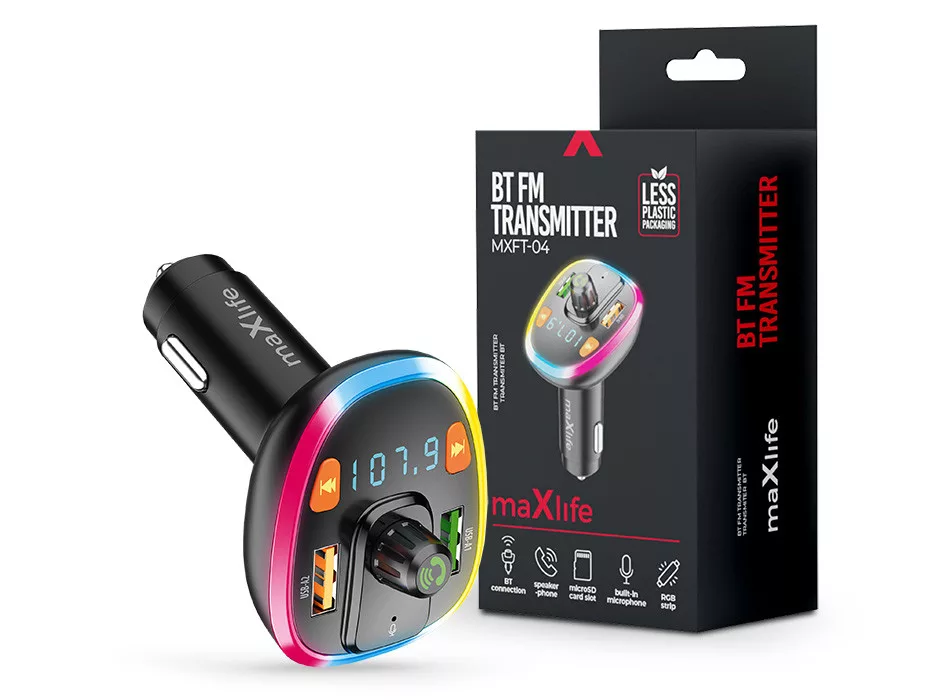 Maxlife MXFT-04 Bluetooth FM-transmitter/autós töltő 15W - 2xUSB - fekete, RGB