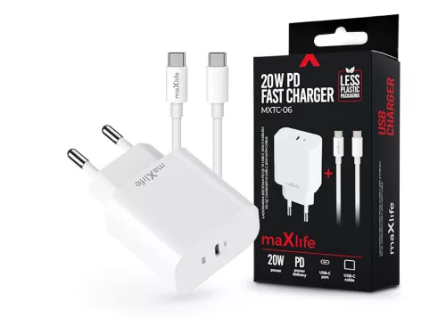 Maxlife MXTC-06 PD+QC 20W hálózati gyorstöltő adapter Type-C + Type-C/Type-C kábel - fehér
