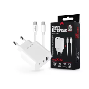   Maxlife MXTC-06 PD+QC 20W hálózati gyorstöltő adapter USB + Type-C + Type-C/Type-C kábel - fehér