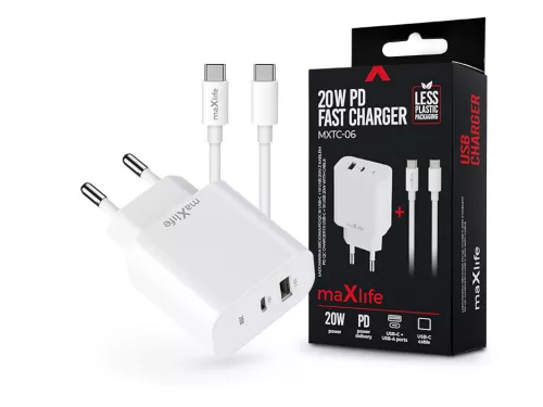Maxlife MXTC-06 PD+QC 20W hálózati gyorstöltő adapter USB + Type-C + Type-C/Type-C kábel - fehér