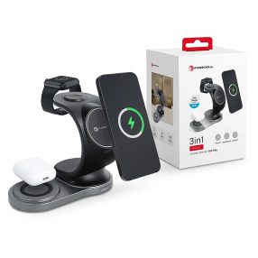   Forcell Qi univerzális vezeték nélküli töltő állomás - 15W - Forcell Sail       Magsafe 3in1 Wireless Charger for iPhone + iWatch + AirPods - fekete
