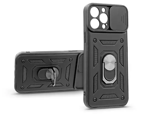 Haffner Slide Armor kameravédős ütésálló tok gyűrűvel - Apple iPhone 13 Pro Max - fekete