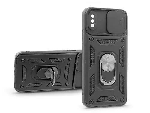 Haffner Slide Armor kameravédős ütésálló tok gyűrűvel - Apple iPhone X/XS - fekete