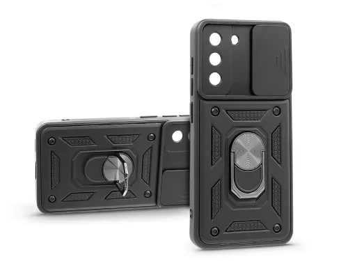 Haffner Slide Armor kameravédős ütésálló tok gyűrűvel - Samsung G990 Galaxy S21 FE 5G - fekete