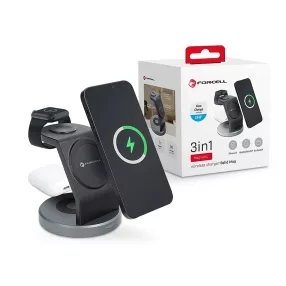   Forcell Solid Magsafe 3 in1 Qi 15W vezeték nélküli töltő - iPhone/iWatch/AirPods - fekete