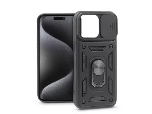 Haffner Slide Armor kameravédős ütésálló tok gyűrűvel - Apple iPhone 15 Pro Max - fekete