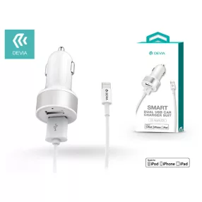   Devia 2xUSB szivargyújtós töltő adapter + USB + Lightning kábel (MFI            engedélyes)- 12W - Devia Smart Dual USB - fehér
