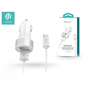  Devia 2xUSB szivargyújtó töltő adapter + USB - Type-C kábel 1 m-es vezetékkel - 12W - Devia Smart Dual USB Car Charger Suit - fehér