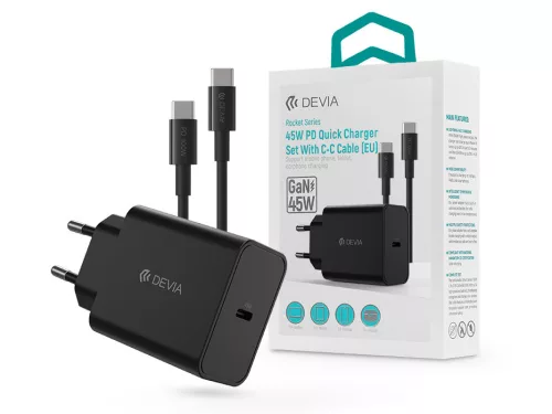 Devia Rocket Series 45W PD+QC hálózati gyorstöltő adapter + Type-C/Type-C kábel - fekete