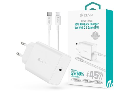 Devia Rocket Series 45W PD+QC hálózati gyorstöltő adapter + Type-C/Type-C kábel - fehér