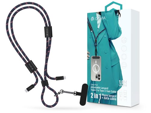 Devia Cable Pro5 Woven 60W PD Type-C/Type-C adat- és töltőkábel + nyakpánt 1.6m - kék