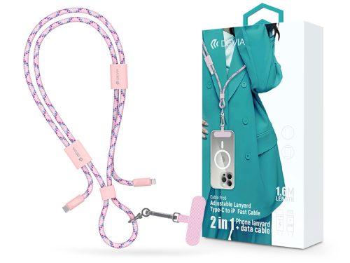 Devia Cable Pro5 Woven 27W PD Type-C/Lightning adat- és töltőkábel + nyakpánt 1.6m - pink