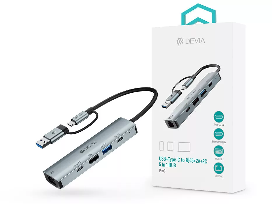 Devia Pro2 5 in 1 Hub - USB/Type-C - RJ45/2xUSB/2xType-C elosztó/adapter - szürke