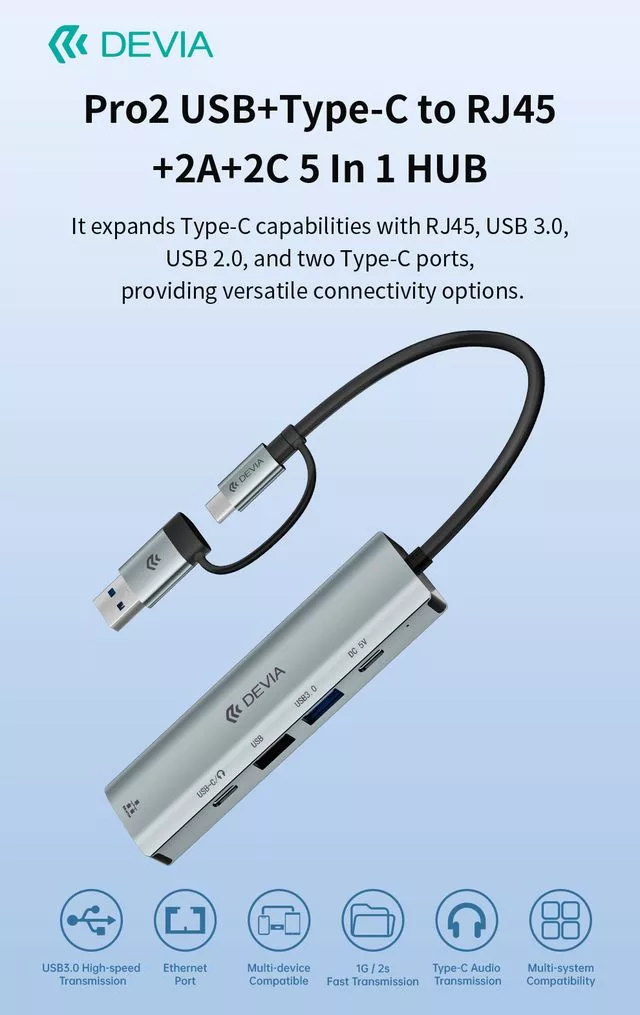 Devia Pro2 5 in 1 Hub - USB/Type-C - RJ45/2xUSB/2xType-C elosztó/adapter - szürke