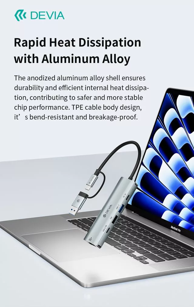 Devia Pro2 5 in 1 Hub - USB/Type-C - RJ45/2xUSB/2xType-C elosztó/adapter - szürke