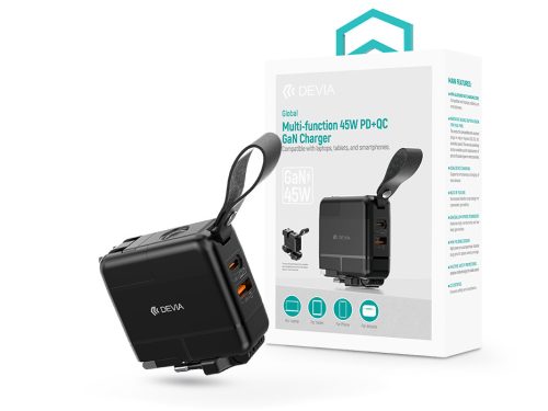 Devia Global 45W PD+QC hálózati gyorstöltő utazó adapter (CN/JP/US/EU/UK/AU) - fekete