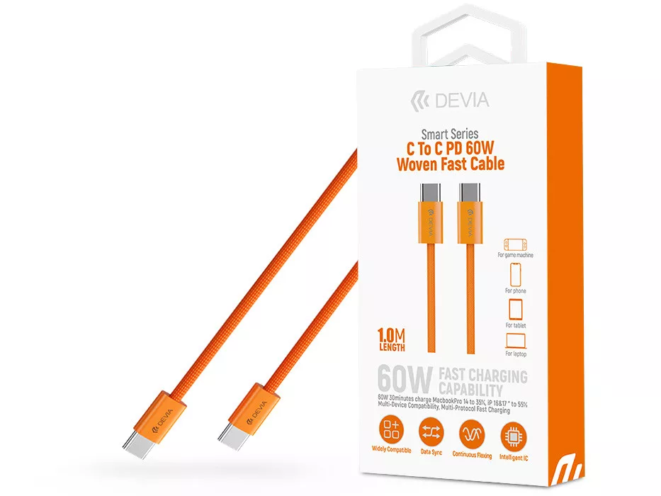 Devia Smart Series 60W PD Type-C/Type-C adat-és töltőkábel 1m - narancs