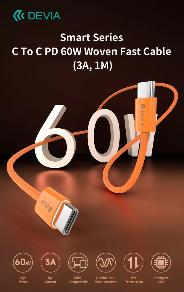Devia Smart Series 60W PD Type-C/Type-C adat-és töltőkábel 1m - narancs