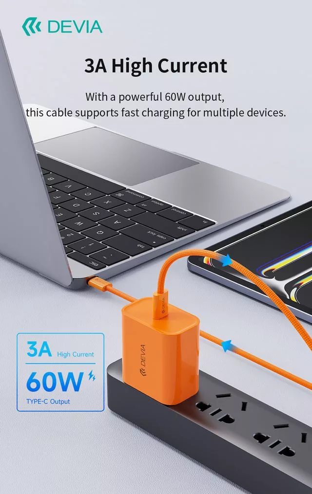 Devia Smart Series 60W PD Type-C/Type-C adat-és töltőkábel 1m - narancs