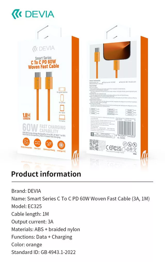 Devia Smart Series 60W PD Type-C/Type-C adat-és töltőkábel 1m - narancs