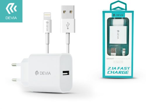 Devia USB hálózati töltő adapter + USB - Lightning kábel 1,2 m-es vezetékkel -  5V/2,1A - Devia Smart Fast Charger Suit - fehér