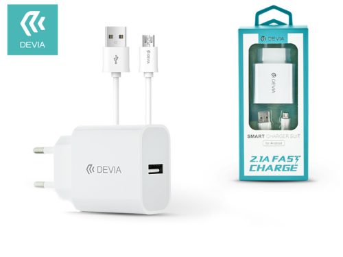 Devia Smart USB hálózati töltő adapter + micro USB kábel 1 m-es vezetékkel - Devia Smart USB Fast Charge for Android - 5V/2,1A - white