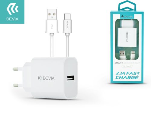 Devia Smart USB hálózati töltő adapter + USB Type-C kábel 1 m-es vezetékkel - Devia Smart USB Fast Charge for Type-C 2.0 - 5V/2,1A - white